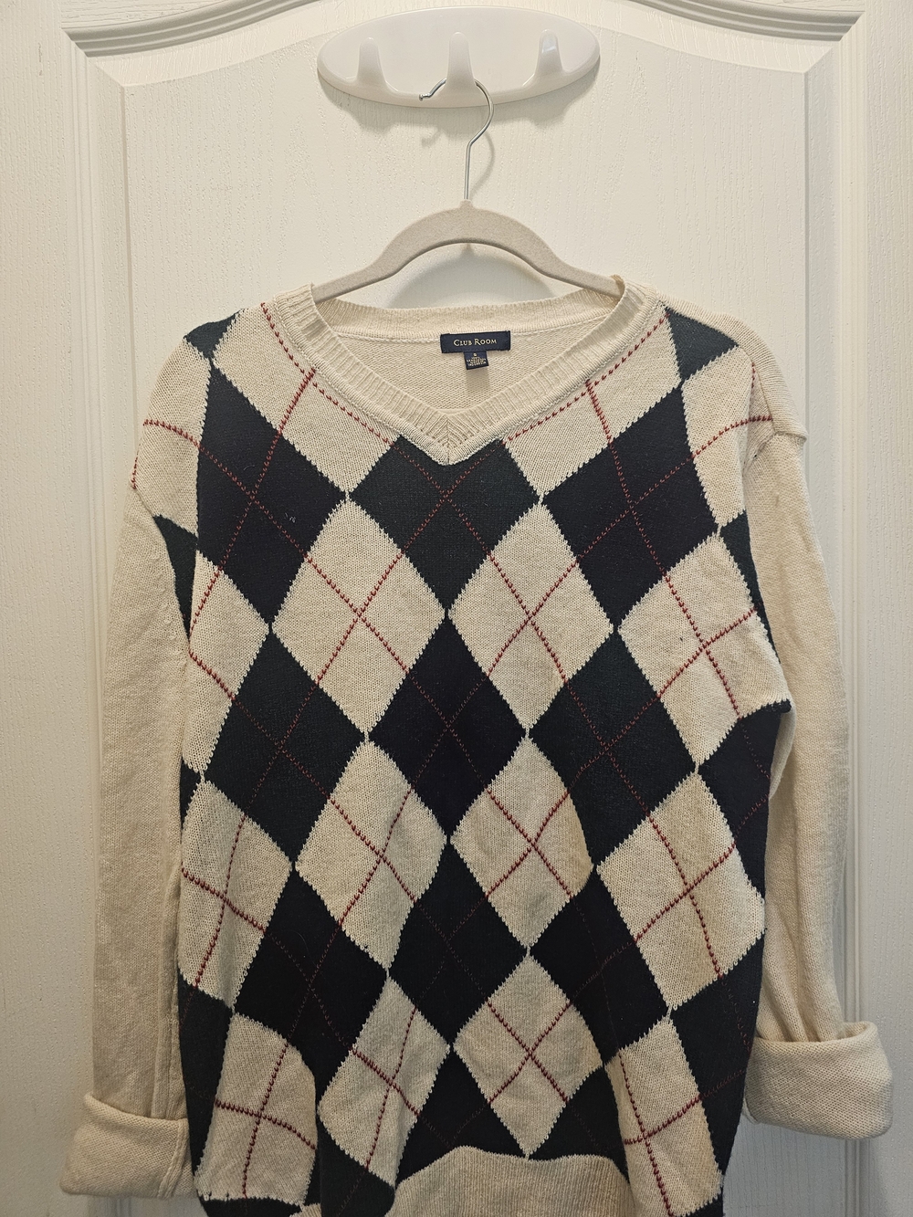 Club Room Cream and Black Argyle V-Neck Sweater with Red Accents